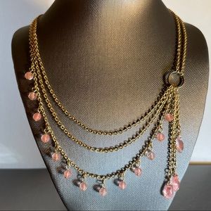 Gold Tone Pink Crystal Dangle Swoop Fem Necklace